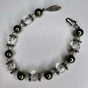 Vintage Crystal Glass Silver Faux Green Pearl Bracelet Filigree Clasp 7”